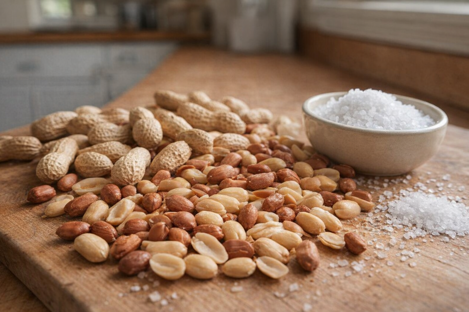 A close-up shot of raw peanuts, both shelled and unshelled, spread out on a wooden cutting board with a small bowl of sea salt.